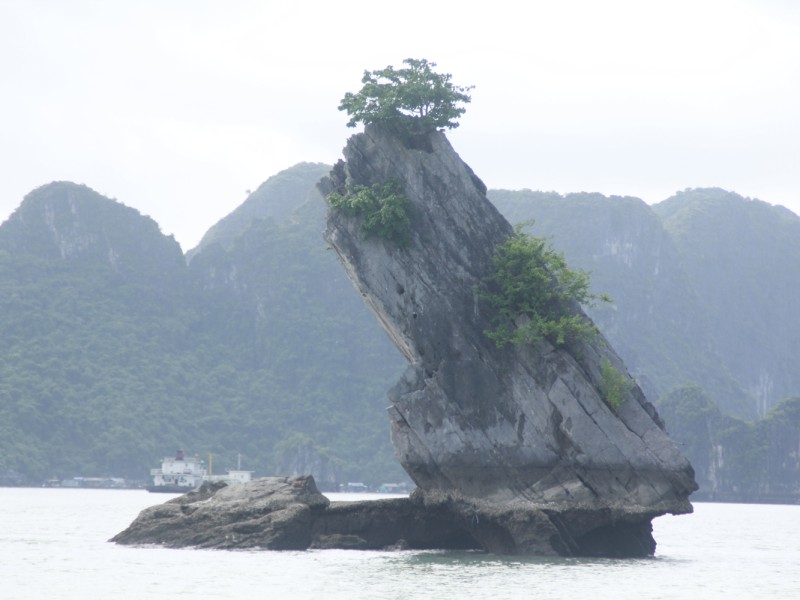 Hòn Đầu Mối tại Vịnh Bái Tử Long - Cảnh quan hùng vĩ Hòn Đầu Mối tại Vịnh Bái Tử Long với những khối đá tự nhiên và cảnh sắc thiên nhiên xanh mát.