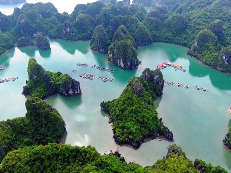 Làng chài trên Vịnh Bái Tử Long bao quanh bởi núi đá vôiundefined